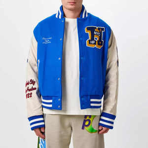 เสื้อแจ็คเก็ตวาร์ซิตี้สีน้ำเงินสำหรับผู้ชาย พร้อมโลโก้ NYC HP ปักลาย สไตล์พรีปปี้ ทรงปกติ คอปกพับได้ ผลิตจากผ้าโพลีเอสเตอร์ผสมฝ้าย - Product Image 1