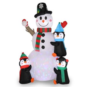 Decorazione Gonfiabile da Giardino Pupazzo di Neve 1,8m con 3 Pinguini, 4 Catene Luminose e 1 Luce Colorata Rotante per Esterni - Product Image 1