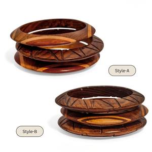 Handmade Carved Wood <b>Bangle</b> <b>Set</b> Artisanal Inlay Art Sisso Sheesham & Saffron Teak Hexagonal & Inlaid Designs Satin Polish - Product Image 4