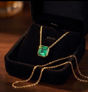 18K Gold <b>Emerald</b> Green Lab Grown Diamond <b>Pendant</b> Necklace Tiny Square Women Jewelry - Product Image 4