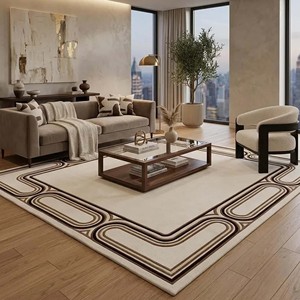 Luxury Modern Wavy Border Area Rug Cream Brown Abstract Hand Tufted Wool Carpet For Living Room Bedroom Floor Decor Soft - Product Image 1