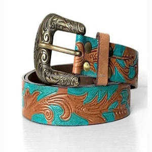 Customized Hand <b>Tooled</b> & Painted Leaf Embossed Turquoise Pattern Western <b>Leather</b> <b>Tooling</b> <b>Belt</b> for Men with Designer Brass Buckle - Product Image 4