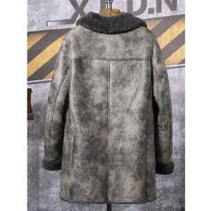 Veste en cuir véritable pour homme avec doublure en fausse fourrure, col rabattable, coupe-vent, style vêtement de travail, finition épaisse et lavée - Product Image 2