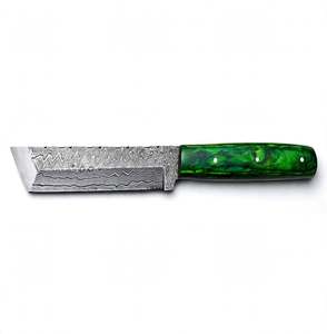 Cuchillo Tanto Utilitario de Acero de Damasco Hecho a Mano con Mango de Resina Verde, Hoja Fija, Herramienta de Campo y Artesanía - Product Image 3