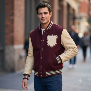 <b>Men's</b> Maroon Varsity <b>Jacket</b> With Cream <b>Leather</b> Sleeves And Shield Patch Preppy Style Turn-down Collar Button Closure Autumn Wear - Product Image 3