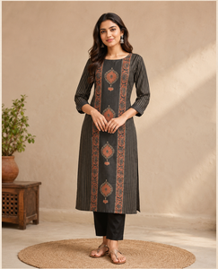Kurti Negro de Seda Estampada para Mujer, Cuello Redondo, Manga Tres Cuartos, Corte Recto, Túnica Étnica, Estilo Casual, Elegante y Tradicional - Product Image 6