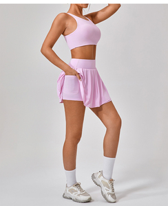 Women's 2 Piece Tennis Shorts Set Sleeveless Sports <b>Bra</b> Pleated High Waist Nylon Solid Color Gym Outfit - Product Image 6