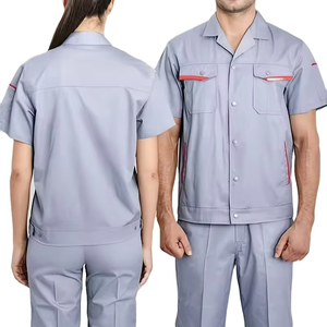 2026 New Summer Light Gray Contrast Short Sleeve Elastic Waist Cotton Oeko-Tex Certified Pants Set Unisex Workwear Suit - Product Image 1