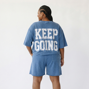 Ensemble décontracté deux pièces pour femme en coton, t-shirt à manches courtes et short, grande taille, broderie effet vieilli - Product Image 3