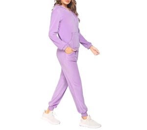 Custom Logo Regular Fit Winter <b>Women's</b> Casual Solid Color Zip Hooded 100% Cotton <b>Tracksuit</b> Set Long Sleeve Jogger 2-Piece Outfit - Product Image 2