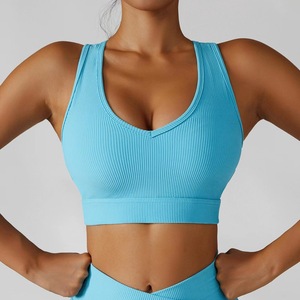V-Neck Ribbed Sports Bra Medium Support Purple Yoga <b>Top</b> For Women - Product Image 4