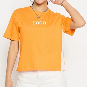 เสื้อยืดพิมพ์ลายโพลีเอสเตอร์คุณภาพส่งออก OEM ODM สำหรับผู้หญิง ปักลาย ขายส่ง เสื้อยืดโอเวอร์ไซส์สีส้มตามสั่ง - Product Image 1