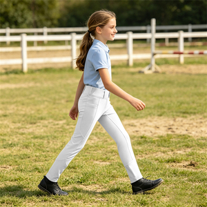 Equestrian Horse Riding <b>Jodhpurs</b> Unisex Mid Waist Zipper Closure Full-Length Light Wash Denim Slim Stretch Anti-slip Knitted - Product Image 4