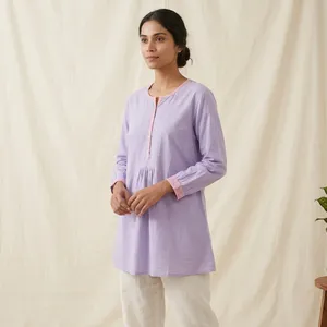 <b>Women</b> Lavender Cotton <b>Kurta</b> Round Neck Long Sleeve Loose Fit Midi Casual Ethnic Daily Wear India Pakistan Style - Product Image 5