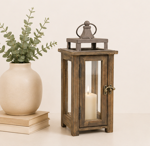 Rustic Wooden Candle <b>Lantern</b> with Metal Top and Glass Panels - Distressed Vintage Decorative <b>Hurricane</b> <b>Lantern</b> Lowest Price - Product Image 4