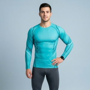 Men Custom Long Sleeve Front <b>Logo</b> Fitted O-Neck Compression Sporty Solid Jersey Quick Dry T-Shirt - Product Image 6