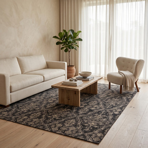 Tapis géométrique moderne antidérapant en laine écologique noir anthracite et beige à motif treillis pour salon et hôtel - Product Image 3