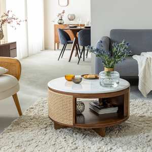 Table basse Vandana Aston Nimbus en bois de manguier, cannage et marbre - Product Image 1