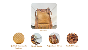 Directo de fábrica, venta al por mayor, bolso cruzado con flecos grandes de cuero labrado a mano, bolso de hombro de mujer de cuero de vaca con patrón de celosía de diamante - Product Image 4