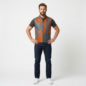 Chaleco de Cuero Genuino para Hombre, Estilo Motero, con Bloques de Color Geométricos, Logotipo Grabado y Cuello Alto - Product Image 3