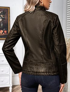Chaqueta de moto de cuero PU para mujer, ligera, con cuello alto y cremallera, proveedor al por mayor - Product Image 6