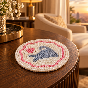Premium <b>Glass</b> Beaded Whale <b>Coaster</b> for Dining Table | Decorative Round Drink Mat with Heart Motif for Kitchen Home Decor Accents - Product Image 2