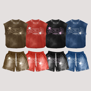 Ensembles d'été personnalisés en coton délavé à l'acide, à séchage rapide, avec ourlet brut et poignets déchirés, imprimé graphique en encre blanche et logo de marque, shorts inclus - Product Image 6
