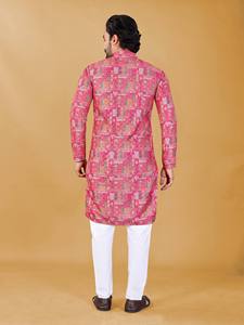 Elegant Ethnic Kurta Pajama Set for Men with Schifli Embroidery and Contemporary Printed Pattern - Product Image 3