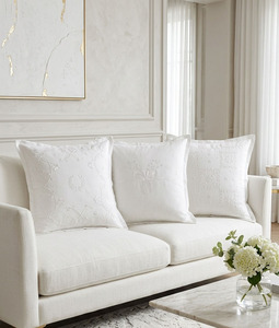 Almohada de Hotel Personalizada al por Mayor, Cuadrada, Bordada, con Cinta Blanca y Flores, Cierre de Cremallera Extraíble, 100% Algodón, Lavable, Gruesa - Product Image 3