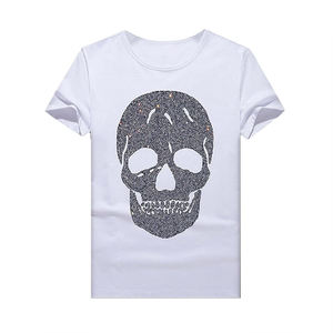 Camisetas de Última Moda con Mangas Cortas, Estampado de Calavera con Pedrería Negra, Corte Ajustado, Cuello Redondo, Estilo Urbano - Product Image 3