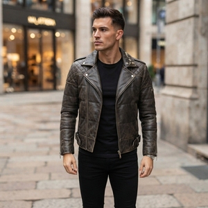 Men Leather Look Padded Biker <b>Jacket</b> Quilted Shoulder Zip Belted Waist <b>Cropped</b> Winter <b>Jacket</b> OEM ODM - Product Image 3