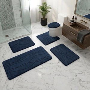 Ensemble de tapis de bain bleu marine moderne, 4 pièces, motif abstrait rectangulaire, dos antidérapant en caoutchouc, microfibre épaisse, usage domestique - Product Image 3