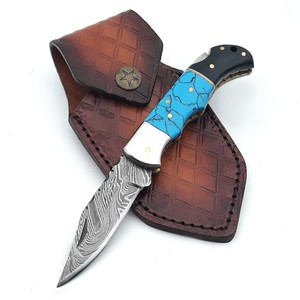 UA Supplies Luxury Industrial Grade Damascus Steel Back <b>Lock</b> Clip Point Folding Knife Turquoise Gemstone Handle Handmade Hunting - Product Image 1