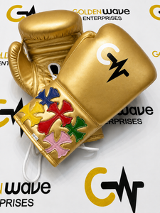 Nuevos Guantes de Boxeo de Cuero Premium No Boxing No Life, Guantes de Entrenamiento y Sparring Duraderos de Alta Calidad, Golden Wave con Múltiples Cruces - Product Image 5