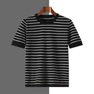 T-shirt en tricot rayé à col rond à manches courtes pour homme Coupe classique Style décontracté Motif noir et blanc 100% coton Respirant 320g - Product Image 5