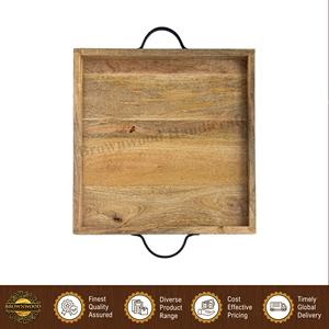 Ensemble de 2 plateaux de service en bois de manguier avec poignées en métal, plateaux en bois sculptés, plateaux décoratifs en bois pour la maison et les restaurants, plateaux de service pour aliments - Product Image 3
