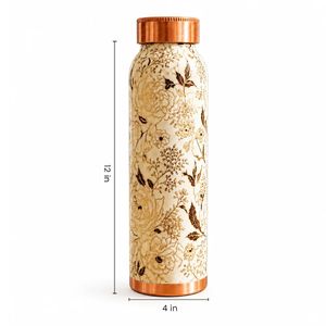 Botella de Agua de Cobre con Diseño Floral, 12 Pulgadas de Alto, Portátil, para Viajes, con Patrón Dorado y Tapa de Cobre, Cobre con Relieve Floral - Product Image 1