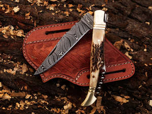 Couteau de poche multifonctionnel de style Laguiole en acier Damas artisanal de qualité supérieure, manche en corne de cerf, lame pliante, OEM ODM - Product Image 1