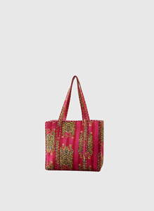 Sac fourre-tout bohème en coton avec motif léopard, broderie rose et or, sac de shopping pour femme toutes saisons, fermeture ouverte - Product Image 3