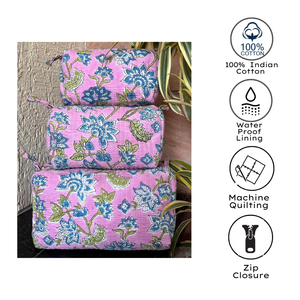 Premium Durable Hand Block Printed Quilted Cotton Travel Cosmetic Organizer Set of 3 Waterproof Utility Pouches Pink & Purple - Product Image 2