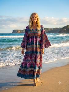 Robe longue bohème col en V manches lanternes imprimé cachemire coupe ample taille élastique en viscose tissée pour l'été et la plage - Product Image 1