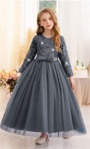 Robe de soirée princesse en velours gris premium brodée de sequins et de dentelle douce à col en V pour filles, vente en gros OEM ODM - Product Image 4