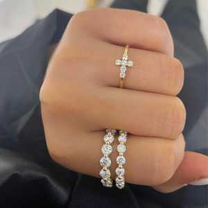 Diamond <b>Cross</b> <b>Rings</b> 14K 18K Solid Gold Round Cut Lab Grown Stackable Minimalist Cristian Religious Ceremony Everyday Wear Bands - Product Image 3