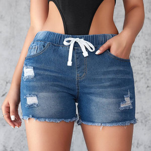 Shorts en jean taille haute déchirés avec cordon de serrage, ourlet effiloché et détails déchirés, style décontracté pour femme - Product Image 5