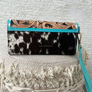 New Handmade Western Hand <b>Tooled</b> <b>Leather</b> Floral & Playing Card Pattern Wallet Cowhide Genuine <b>Leather</b> Wristlet Clutch for Women - Product Image 6