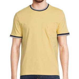 Camiseta de algodón de manga corta amarilla para hombre con ribete en contraste, cuello redondo, corte regular, estilo casual - Product Image 1