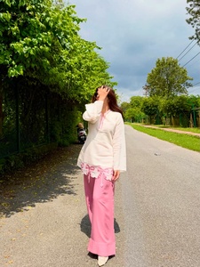 Women Roman <b>Silk</b> Casual <b>Kurta</b> Set Pink Palazzo Embroidery Work Top Palazzo Suit Designer All Seasons Wear Quick Dry Sun - Product Image 3