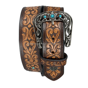 Ceinture en cuir western best-seller, ceinture de cowboy à motifs floraux en relief avec clous, boucle en pierres turquoise, ceinture en cuir travaillée - Product Image 3