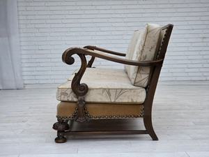 Classic Three-Seater Wooden Sofa <b>with</b> Floral Upholstery and Hand-Carved Scroll <b>Arms</b> - Product Image 3