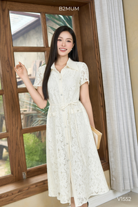 Vestido de encaje con corte en A B2 MUM V1552, escote puntiagudo, doble capa, material de encaje suave y elástico, estampado floral, transpirable - Product Image 4